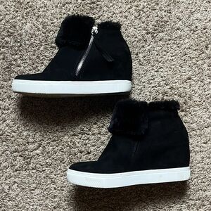 Black Suede Furry Sneaker Wedge Booties